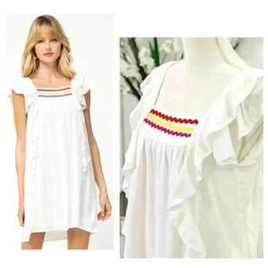 Entro White Babydoll Swing Dress Womens Size Large Flutter Sleeve Shift Easter